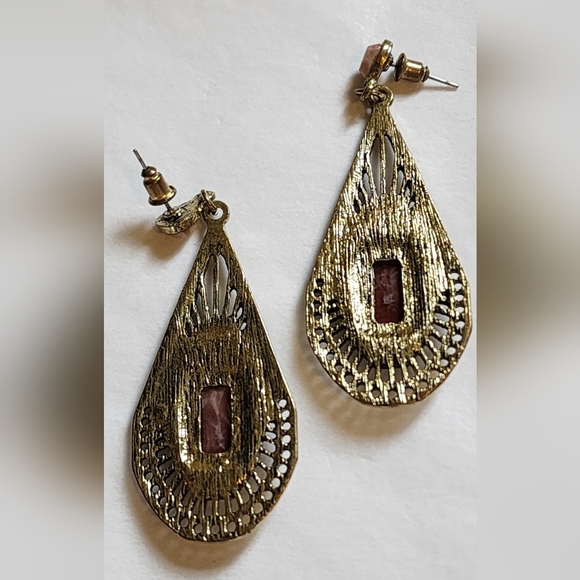 Boho Bronze And Pink Stone Teardrop Earrings - Picture 11 of 12